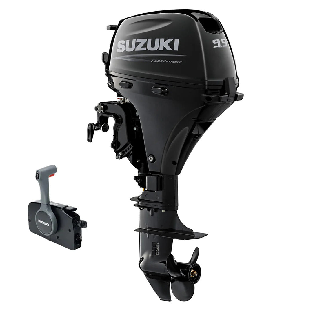 Suzuki Portable DF9.9BTL Outboard - 20" Shaft | Remote Mechanical Steering | Electric Start | Power Tilt | 9.9 HP | 120 Lbs | Nebular Black