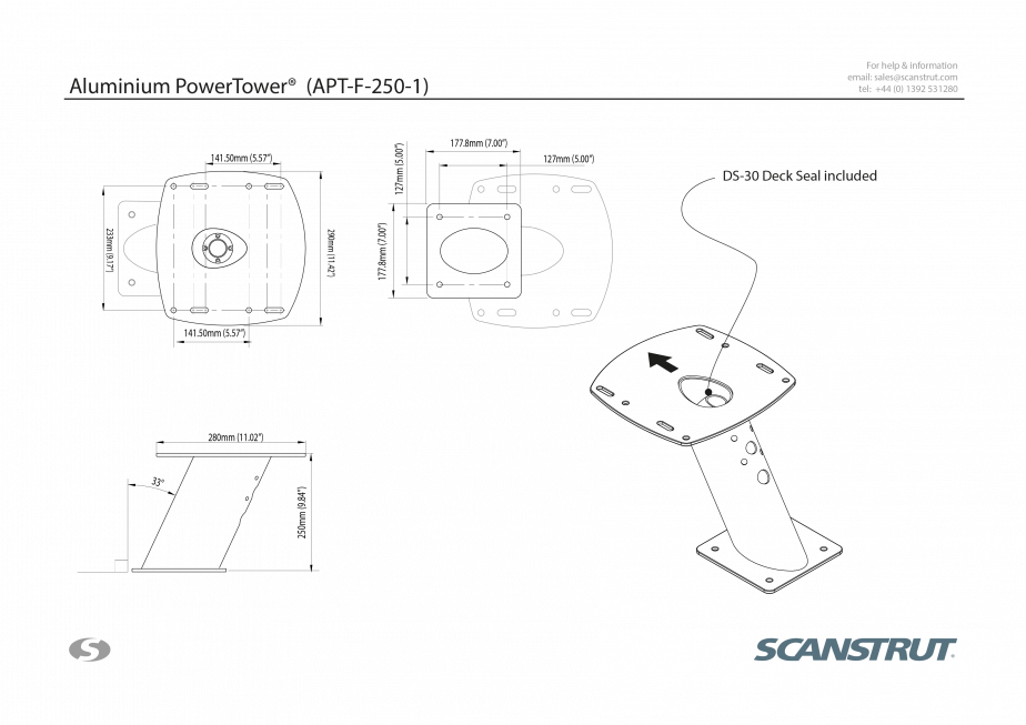 Scanstrut - PowerTower 10" Aluminum Forward Leaning 2kW/4kW for Raymarine, Garmin & Navico BR24, 3G & 4G - APT-F-250-01