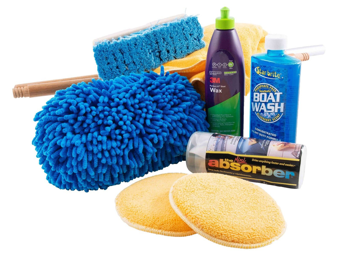 Boat Owners Cleaning Kit - Essentials - Boat Soap - Deck Brush - Boat Wax - Detailing Towel - Absorber Mini