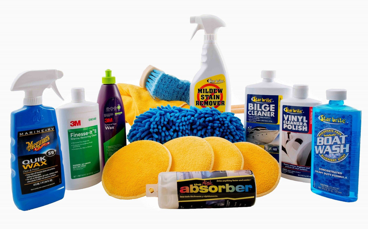 Boat Owners Cleaning Kit - Deluxe - Boat Soap - Deck Brush - Boat Wax - Detailing Towel - Absorber Mini - Vinyl Cleaner - Mold & Mildew Remover - Bilge Cleaner