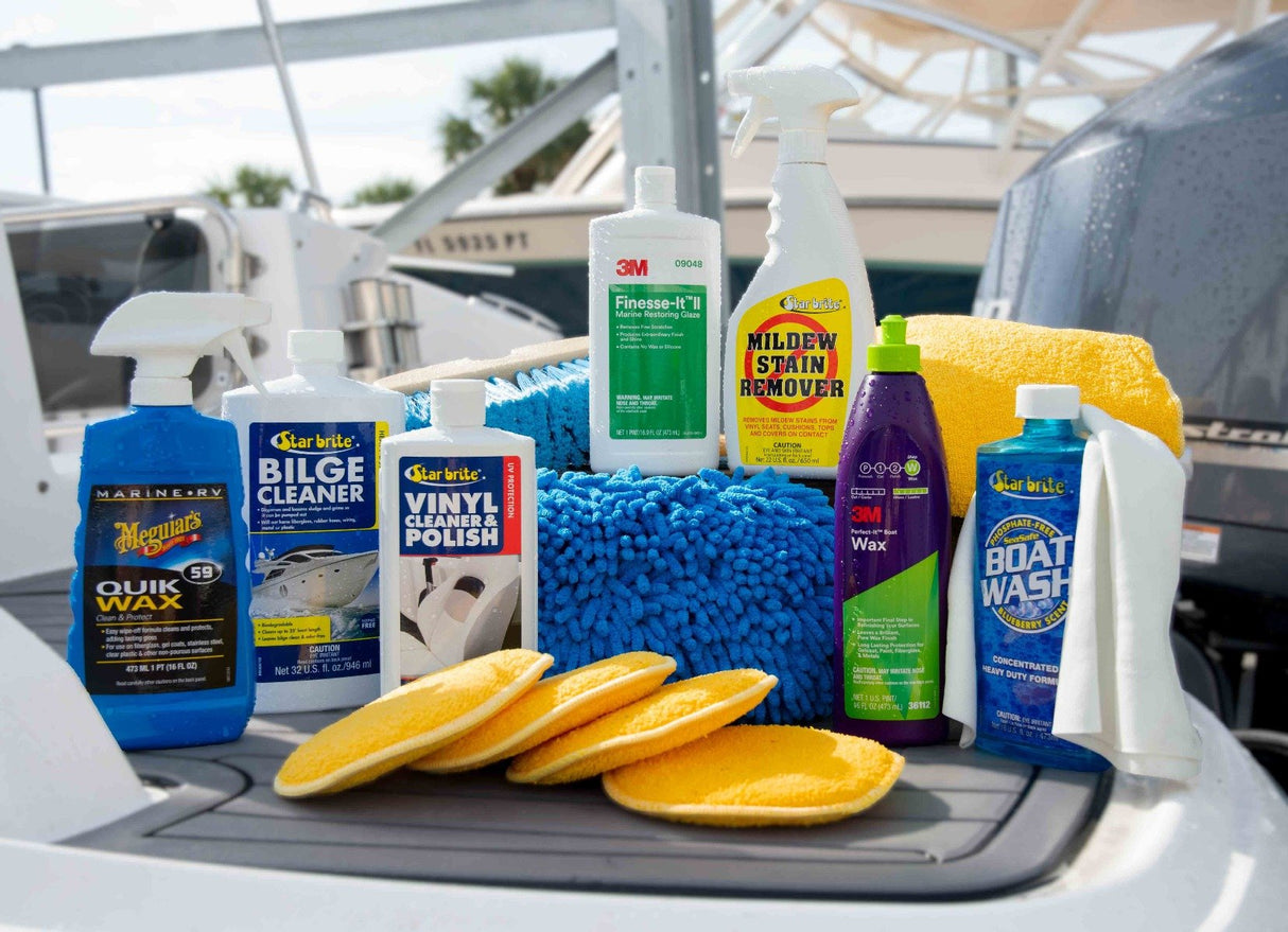 Boat Owners Cleaning Kit - Deluxe - Boat Soap - Deck Brush - Boat Wax - Detailing Towel - Absorber Mini - Vinyl Cleaner - Mold & Mildew Remover - Bilge Cleaner