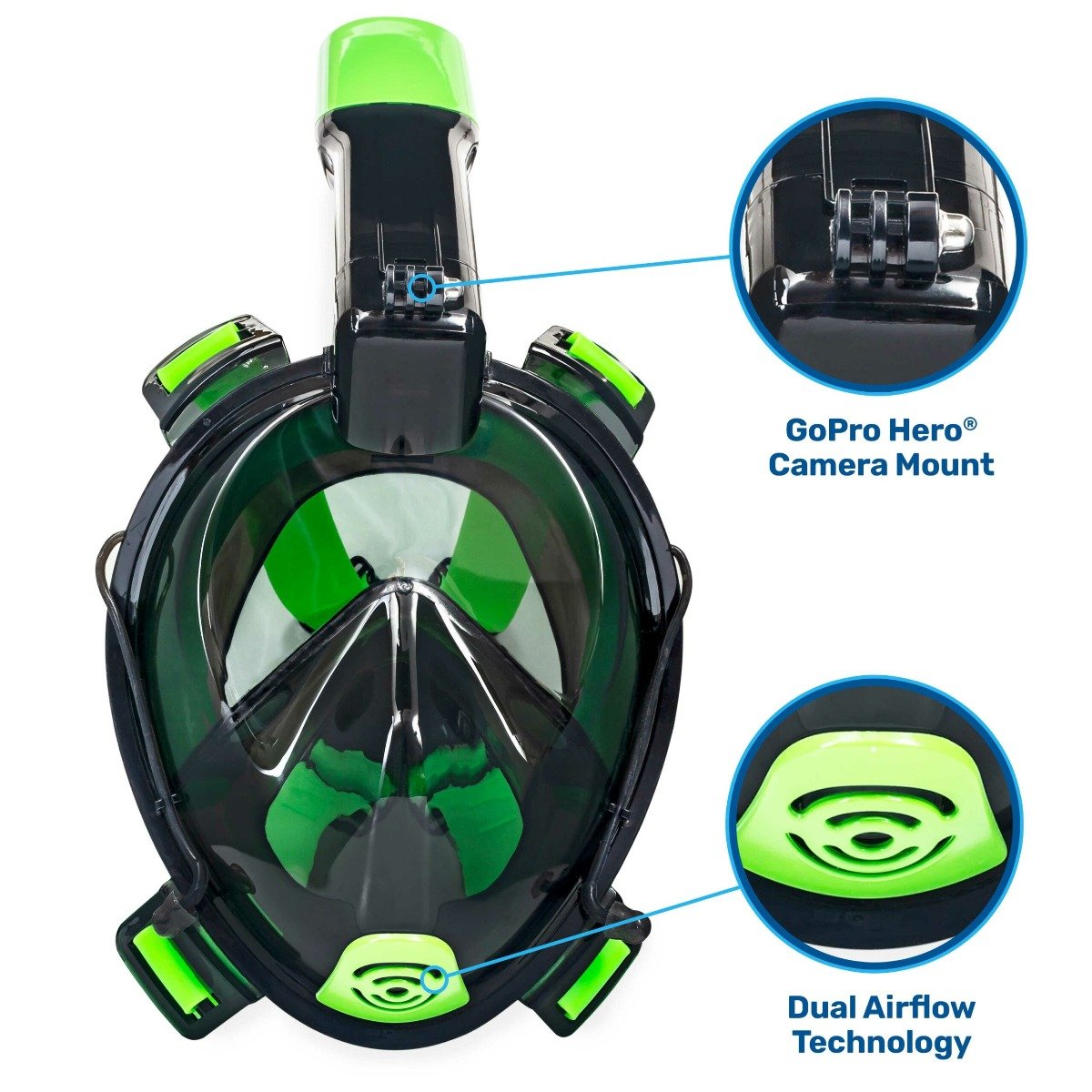 Aqua Leisure Frontier Full-Face Snorkeling Mask - Adult Sizing - Eye to Chin > 4.5" - Green/Black - DPM17478LS2