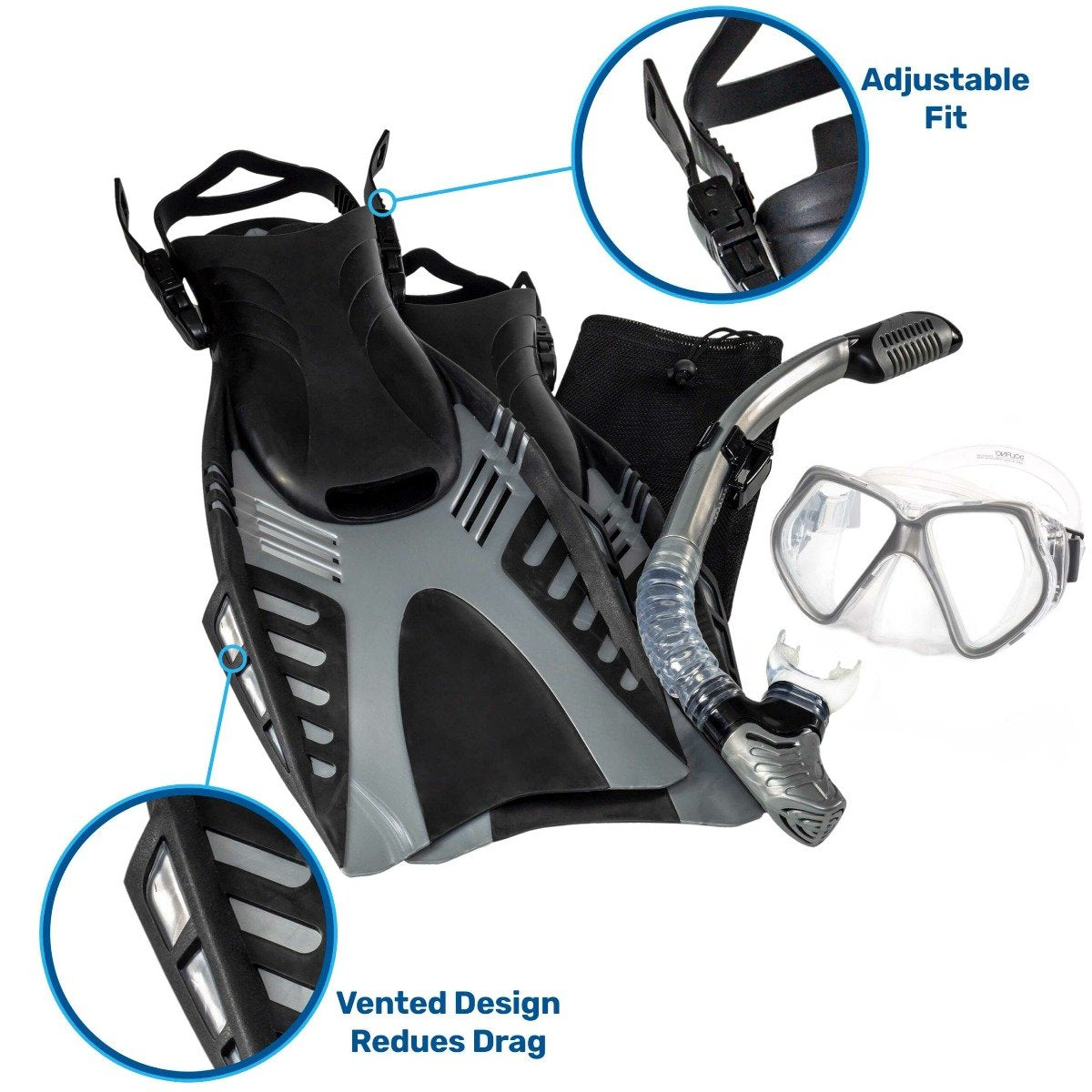 Aqua Leisure Dyna Adult 5-Piece Dive Set - Adult Size L/XL Men&#39;s 8.5-11.5/Ladies 9.5-12.5 - DPX18230S4L