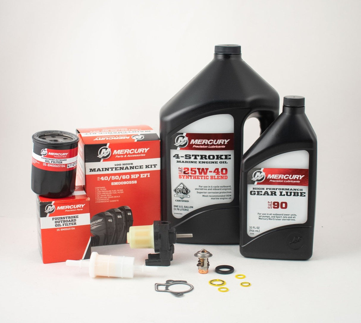 Mercury 40/50/60 HP EFI 4-Stroke Complete 100 Hour Service Maintenance Kit 25W-40 Synthetic Blend - 8M0090558