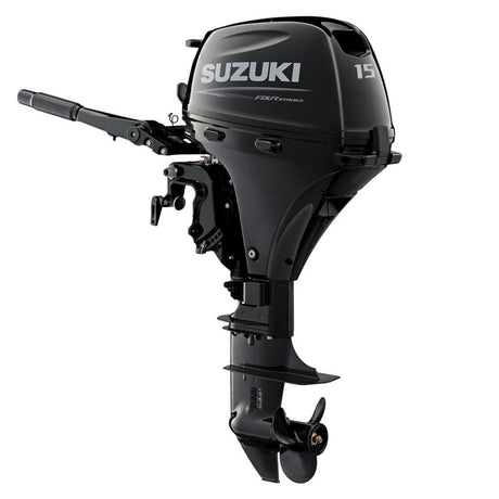 Suzuki Portable DF15AS Outboard - 15" Shaft | Tiller Handle | Manual Start | Manual Tilt | 15 HP | 97 Lbs | Nebular Black