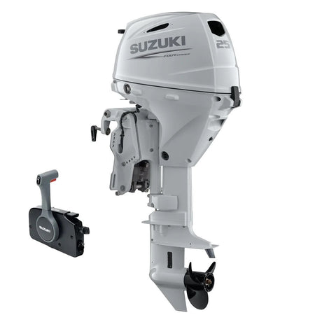 Suzuki Portable DF25ATLW Outboard - 20" Shaft | Remote Mechanical Steering | Electric Start | Power Trim & Tilt | 25 HP | Cool White