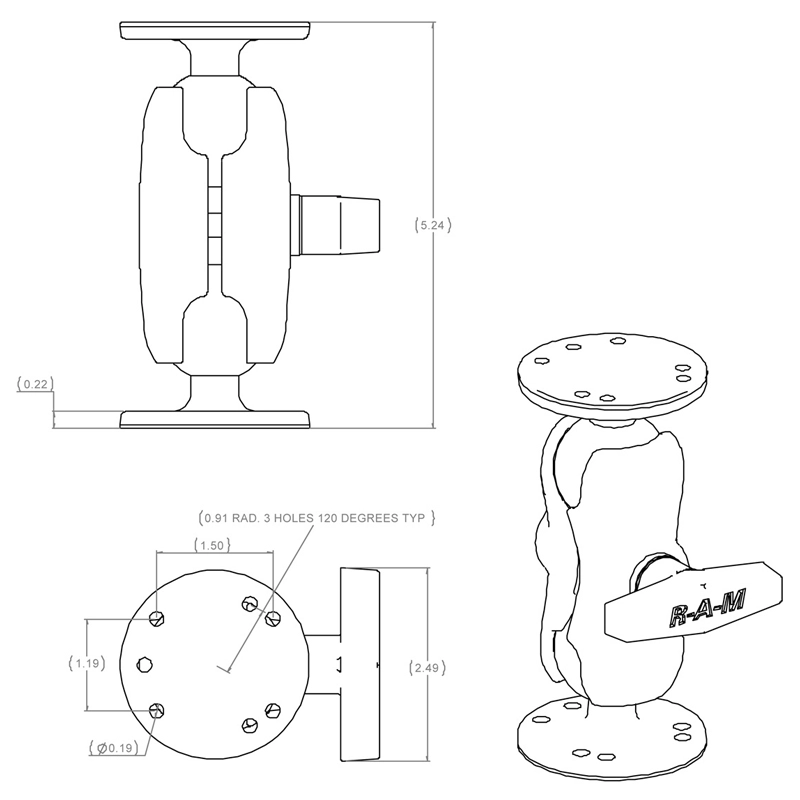 RAM Mount - 1.5" Ball Mount with Short Double Socket Arm & 2/2.5" Round Bases - RAM-101U-B