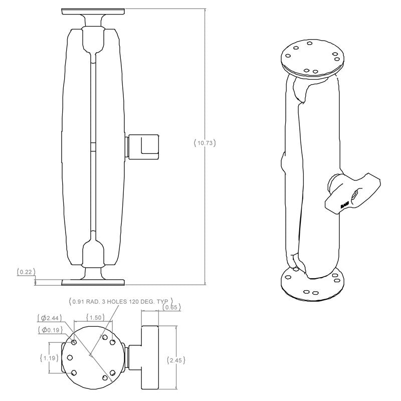 RAM Mount - Ball Mount with Long Double Socket Arm & 2-2.5" Round Bases with AMPs Pattern - RAM-101U-D