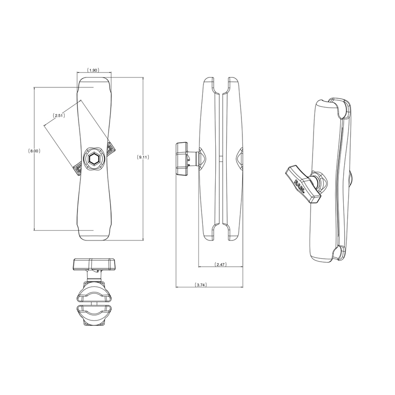 RAM Mount - Long Double Socket Arm for 1.5" Ball Bases - RAM-201U-D