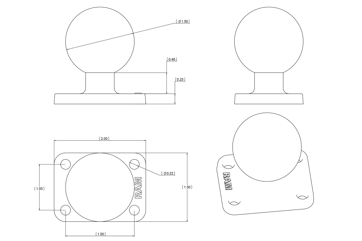 RAM Mount - 1.5" x 2" Rectangle Base with 1.5" Ball - RAM-202U-152