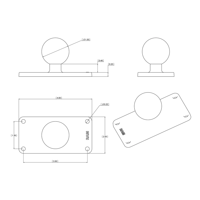 RAM Mount - 2" x 4" Rectangle Base with 1.5" Ball - RAM-202U-24