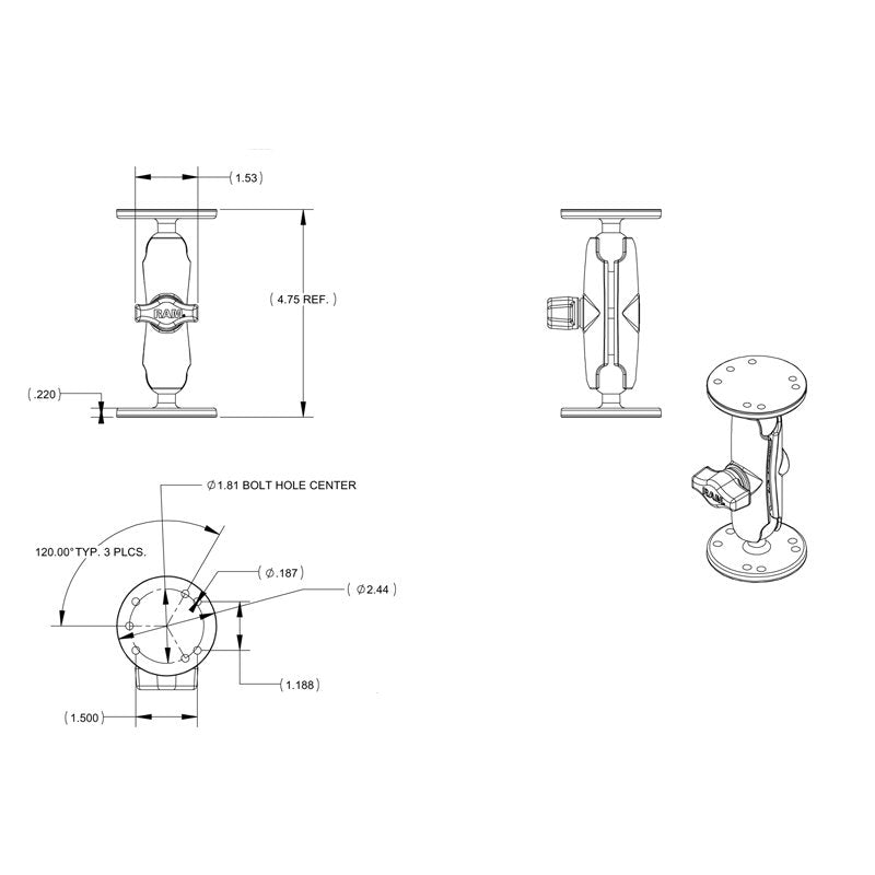 RAM Mount - Double Socket Arm for Garmin Marine Fixed Mount GPS 1" - RAM-B-101-G2U