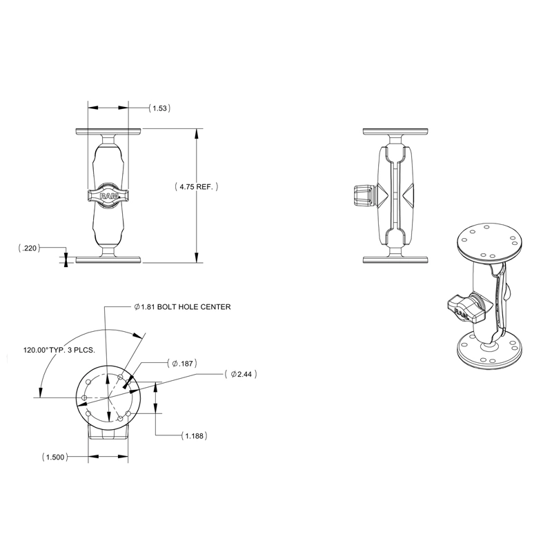 RAM Mount - 1" Ball Light Use Surface Mount for Garmin echo 100, 150, 300c - RAM-B-101-G4