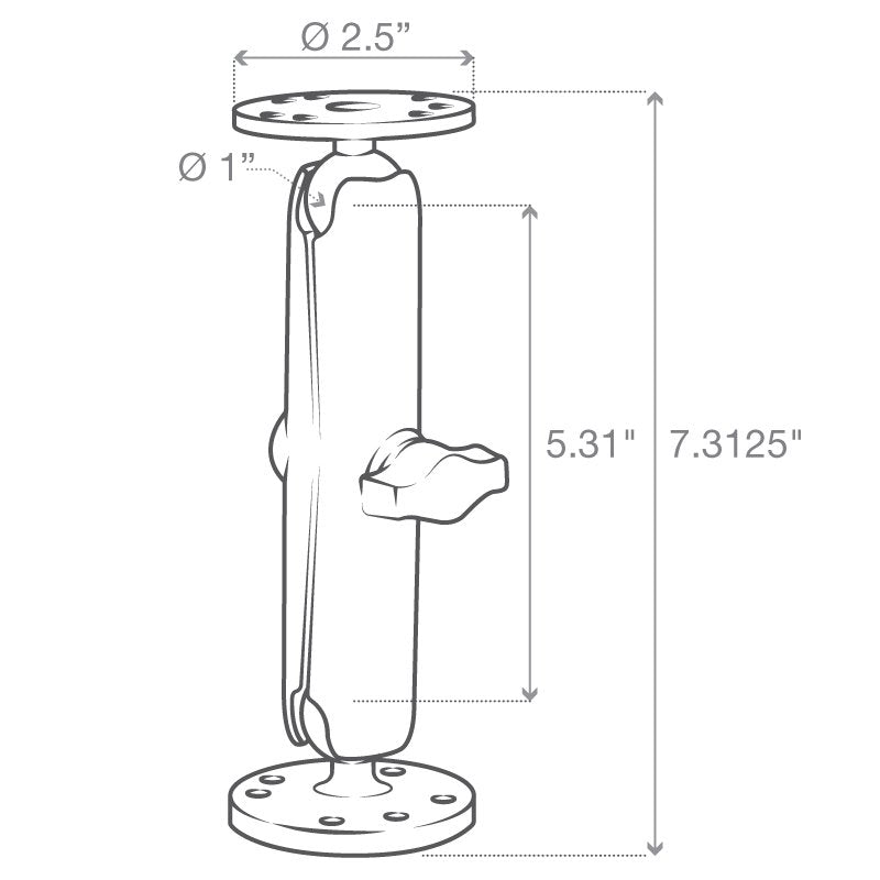 RAM Mount - 1" Diameter Ball Mount with Long Double Socket Arm & 2/2.5" Round Bases - AMPS Hole Pattern (7-5/16" Length) - RAM-B-101U-C