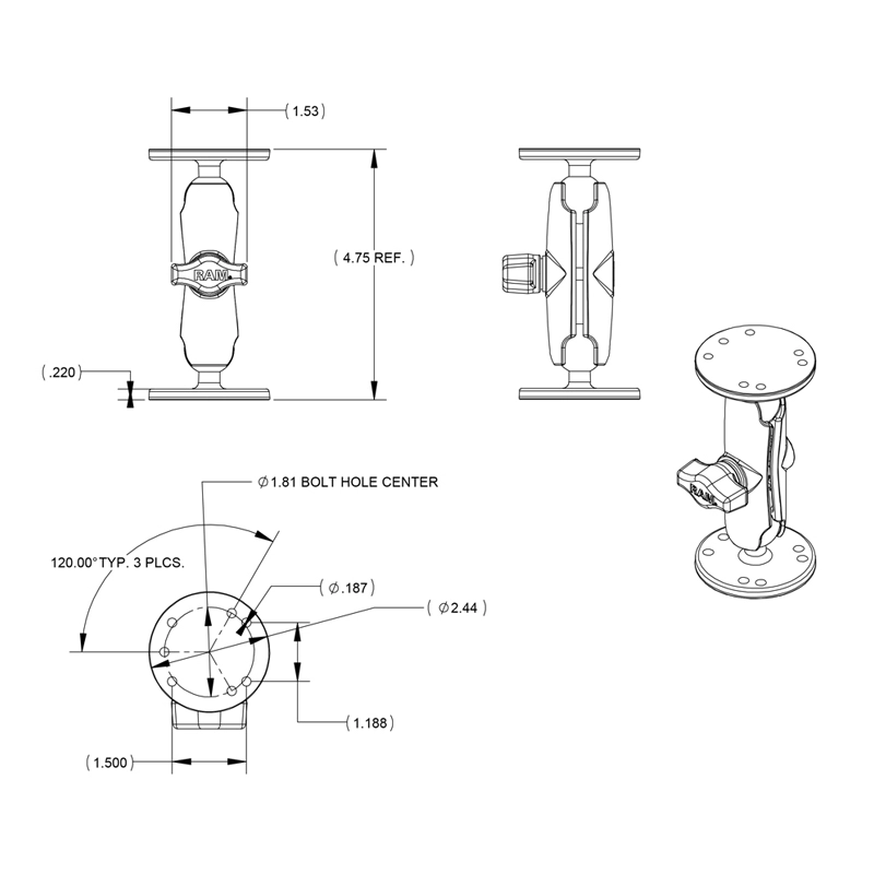 RAM Mount - 1" Ball Double Socket Arm with 2 2.5" Round Bases - AMPS Hole Pattern - RAM-B-101U