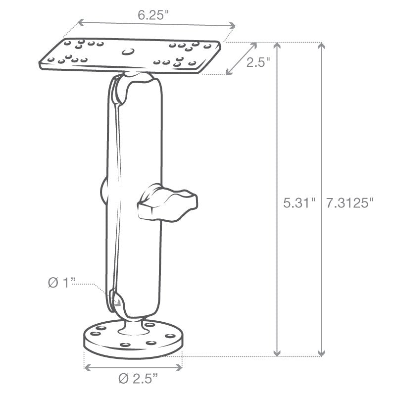 RAM Mount - 1" Diameter Ball Mount with Long Double Socket Arm, 6.25" x 2" Rectangle Base & 2.5" Round Base (AMPS Pattern) - RAM-B-111U-C