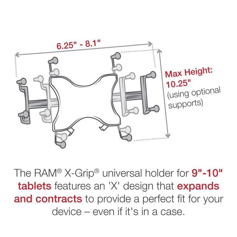 RAM Mount - Handlebar Rail Mount with Zinc Coated U-Bolt Base & Universal X-Grip Cradle for 10" Large Tablets - RAM-B-149Z-UN9U