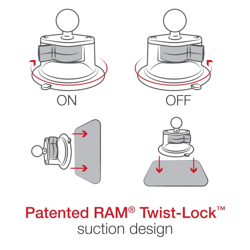 RAM Mount - Twist Lock Suction Cup Mount with Long Double Socket Arm & 2.5" Round Base - AMPS Hole Pattern (9" Length) - RAM-B-166-C-202U