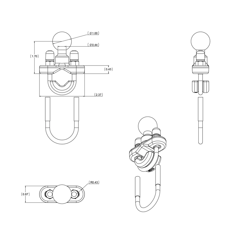 RAM Mounts - Rail Base With Zinc Coated U-bolt & 1" Ball For Rails From 0.5" To 1.25" In Diameter - RAMB231ZU