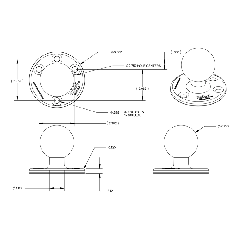 RAM Mount - 3.68" Diameter Base with 2.25" D Size Ball - RAM-D-202U