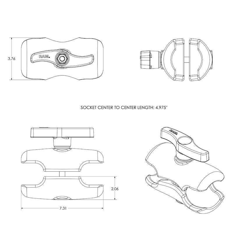 RAM Mount - Double Socket Short Arm for 3-3/8" E Size Ball Base - RAM-E-201U-D