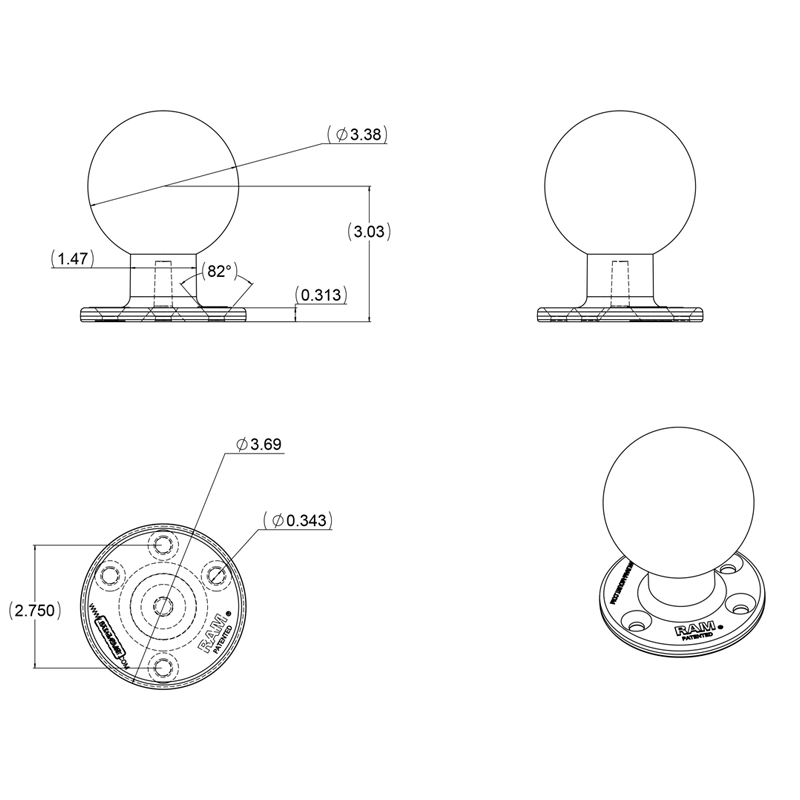 RAM Mount - 3.68" Round Base with 3-3/8" E Size Ball - RAM-E-202U