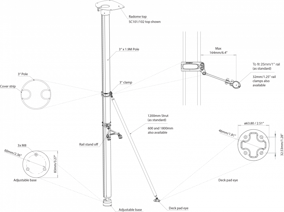Scanstrut - Radar Pole Mount 6' Kit for Raymarine 2kW & 4kW Dome - SC101