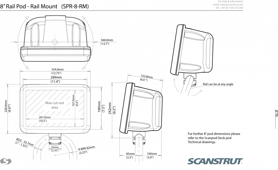 Scanstrut - Rail Mounted Pod Compact - Up to 8" Displays - SPR-8-RM